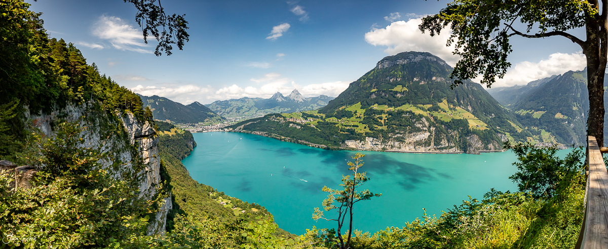 Türkisblauer Bergsee mit steilen Felswänden und grünen Almwiesen im Sommer, Seelisberg Zentralschweiz Schweiz – Jan Geerk Fotograf Basel