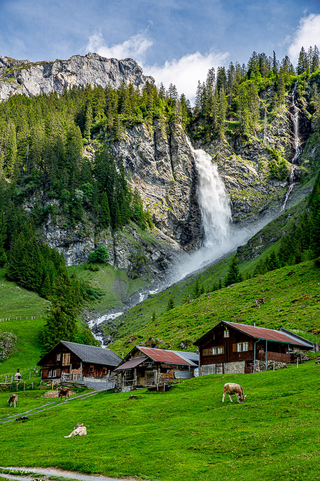 Stäubifall Wasserfall mit Alpgebäuden auf grüner Wiese Sommer Uri Schweiz Jan Geerk Fotograf Basel