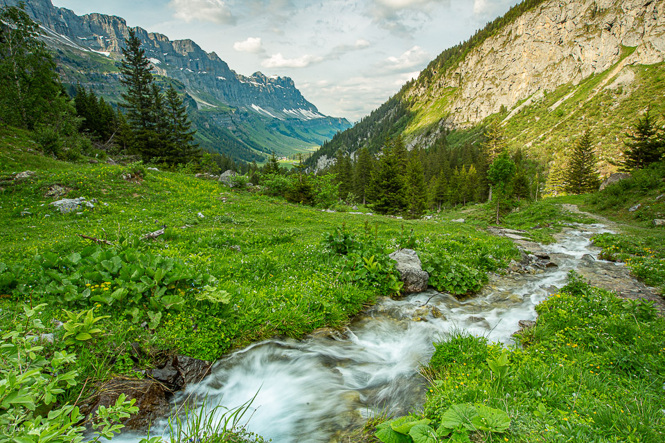 Alpbach mit grüner Wiese und Bergmassiv im Urnerboden Sommer Zentralschweiz – Jan Geerk Fotograf Basel