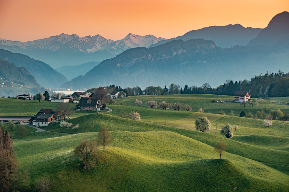 Alplandschaft bei Weggis mit Kirschblüten, Vierwaldstättersee und Pilatus im Frühlingslicht – Zentralschweiz Fotografie Jan Geerk Basel