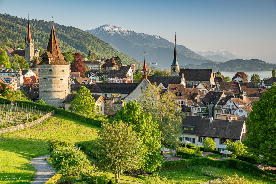 Mittelalterliche Stadt mit Kirchtürmen am Zugersee, grüne Landschaft und schneebedeckte Berge im Frühling, Zentralschweiz – Jan Geerk Fotograf Basel