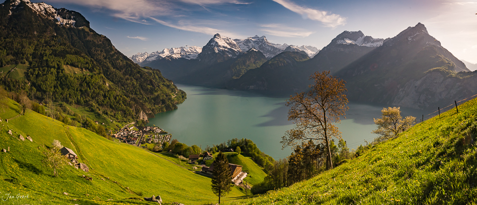 Alpenmeer Morschach mit Vierwaldstättersee, schneebedeckten Bergen und grünen Wiesen im Frühling – Zentralschweiz – Jan Geerk Fotograf Basel
