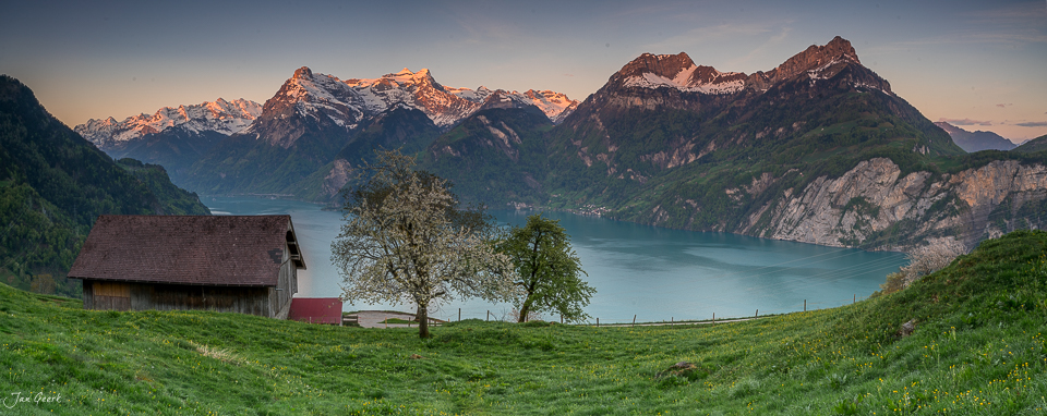 Alpwiese mit Berghaus und Seeufer am Vierwaldstättersee in Morschach, Frühling, Kantlicht, Zentralschweiz – Jan Geerk Fotograf Basel