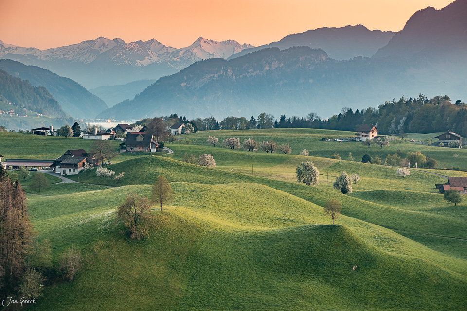 Alpenlandschaft Weggis mit Kirschblüte, grünen Hügeln, Pilatus und Vierwaldstättersee im Frühling – Jan Geerk Fotograf Basel