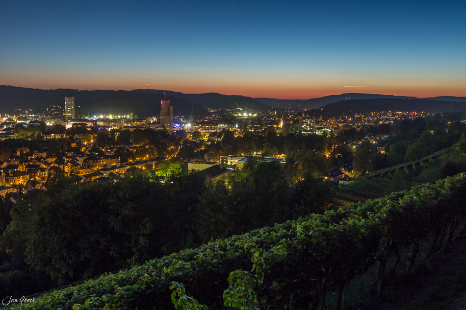Winterthur Stadtansicht bei Sonnenuntergang mit beleuchteten Häusern, Reben im Vordergrund und Bergen, Schweiz – Jan Geerk Fotograf Basel